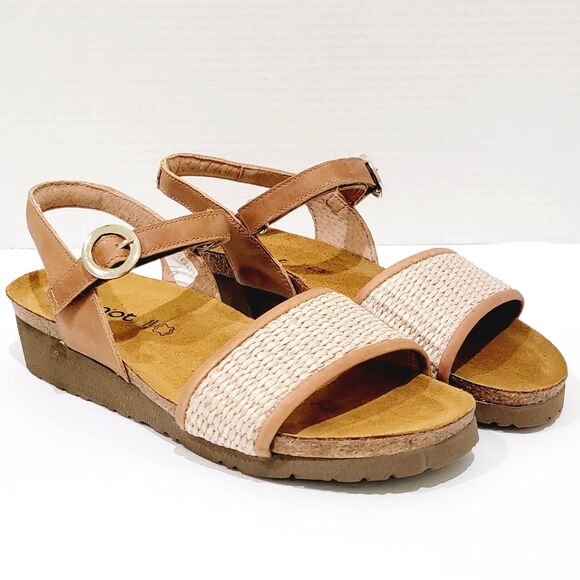 Naot Cecile Sandals Women's 39 Size 8 8.5 Latte Brown Leather Sand Raffia Wedges - Picture 1 of 12